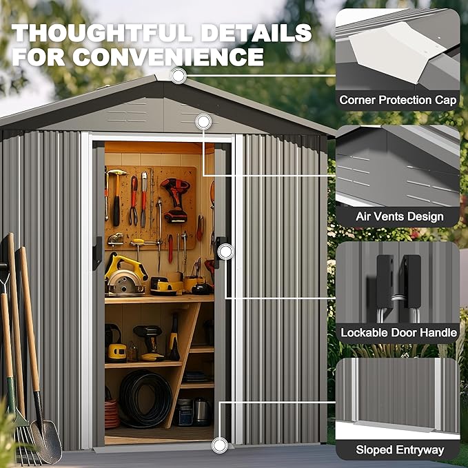 Nuu Garden 6 x 4 FT Outdoor Storage Shed with Sliding Doors, Galvanized Metal Garden Shed with Sloping Roof, Anti-Corrosion Outdoor Tool Shed with Air Vents for Backyard, Patio, Lawn, Gray