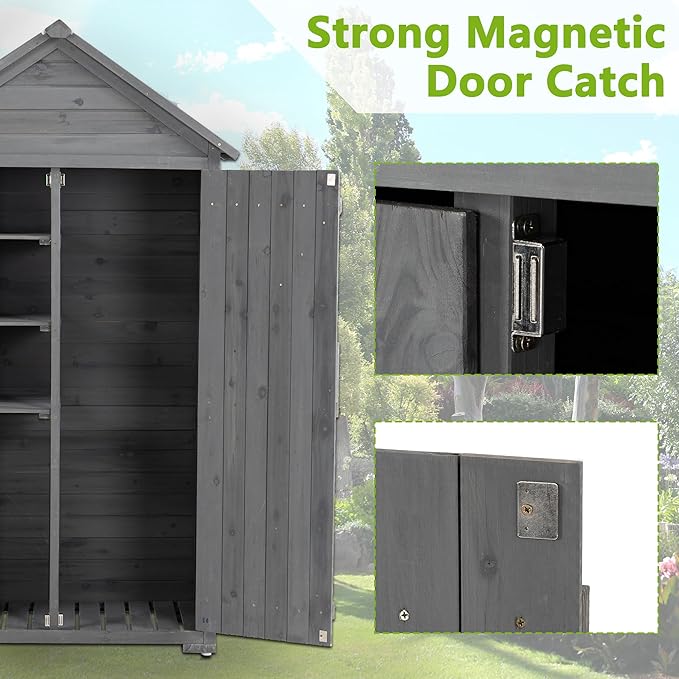 39.56"x 22.04"x 68.89" Outdoor Storage Cabinet with Removable Shelves, Waterproof Roof, and Adjustable Feet - Fir Wood Garden Tool Shed for Yard, Patio, Deck, and Garage,Grey