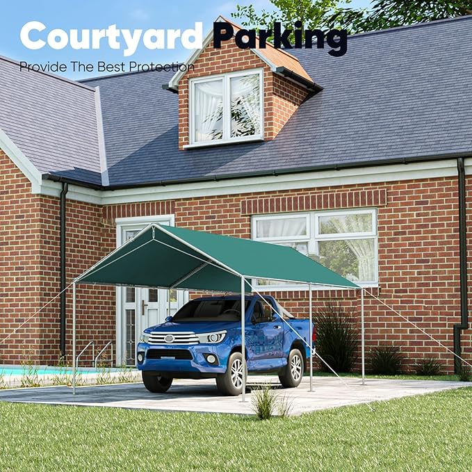 Quictent 10x15 ft Heavy Duty Car Canopy Galvanized Frame Carport Outdoor Party Tent Boat Shelter with 3 Reinforced Steel Cables - Green