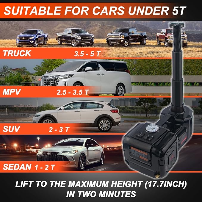 E-HEELP Electric Car Jack 5Ton 12V Kit Hydraulic (Lifting Range: 6.1~17.7 inch) with Inflator Electric Jack for Car SUV Sedan MPV Change Tires Garage Repair Emergency Kit