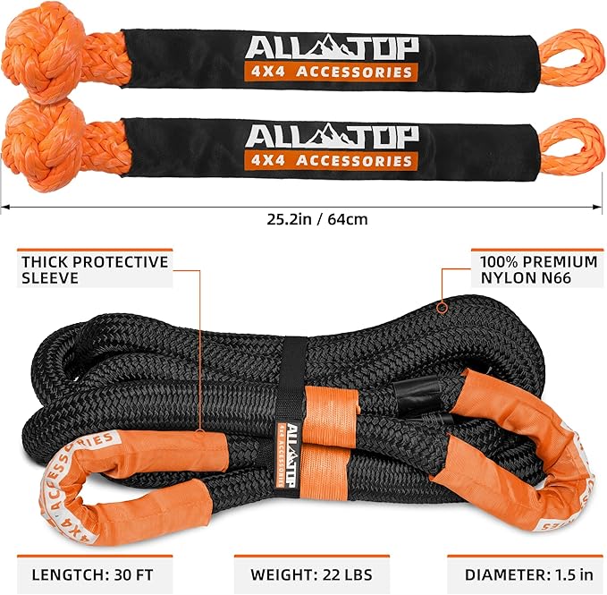 ALL-TOP Kinetic Recovery Rope Kit w/ 2 Soft Shackles, 83000Lbs, 1.5in x 30ft, Heavy Duty 30+% Elasticity, 27600Lbs Work Load Limit for 4x4 Offroad Vehicle(Black)