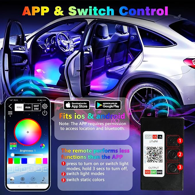 Car Led Interior Light Strip 72LEDs Under Dash Foot Well PVC Housing RGB DIY 210 Modes Static/Chase/Gradient/Strobe, Music Sync, Timer App Switch Control, USB 5V DC 12V, No Remote