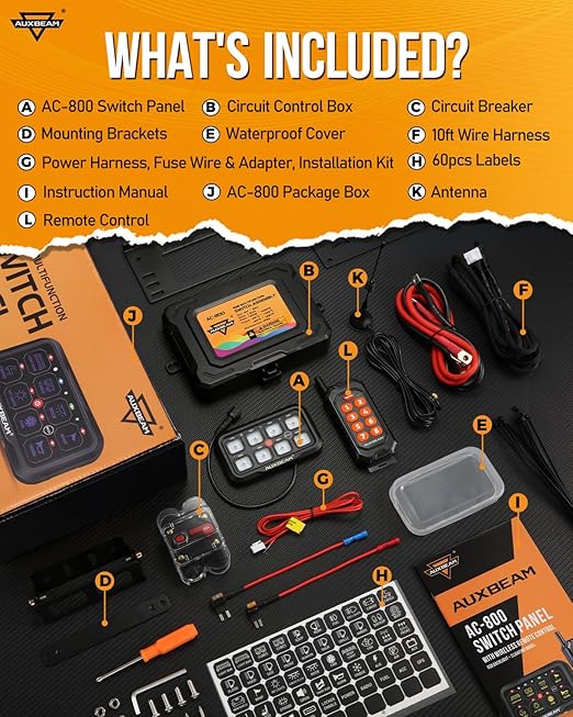 Auxbeam 8 Gang Switch Panel AC-800 Bluetooth RGB Switch Pod with Remote Control Backlit Off Toggle Momentary Pulsed 165FT Wireless Auxiliary Switch Panel for Truck Offroad Waterproof