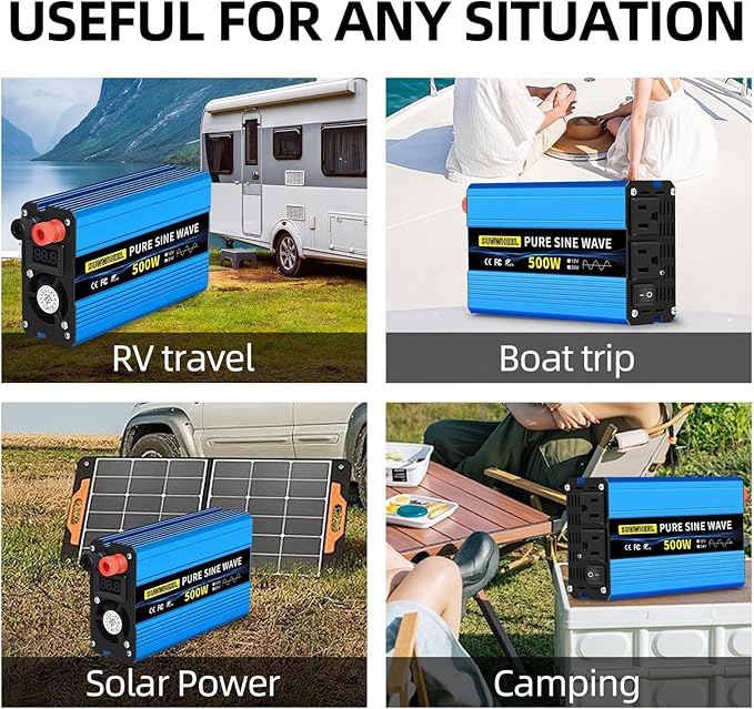 SUNWHEEL 500W 24V Pure Sine Wave Inverter, DC 24V to AC 110V/120V Car Power Inverter, Peak Power 1000W Car Plug Adapter Outlet Converter with Dual AC Sockets and LCD Display