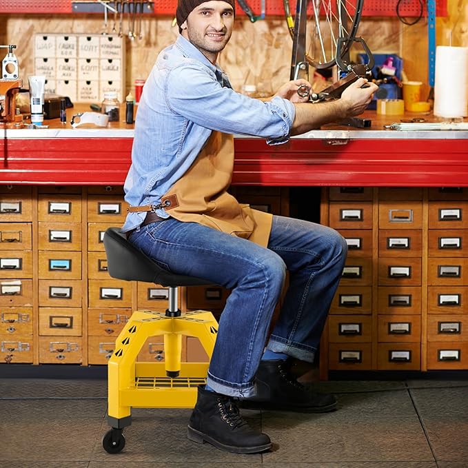 Goplus Rolling Garage Stool, 22.5”-27.5” Adjustable Mechanic Chair with Padded Seat, 330LBS Capacity, Tool Tray, Heavy Duty Creeper Seat, 360° Swivel Shop Stool for Workshop