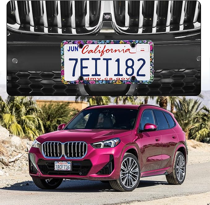 LivTee Flower Floral License Plate Frames, 4 Holes Stainless Steel License Plate Covers, 2PCS Car License Plate Holder, Automotive Exterior Accessories