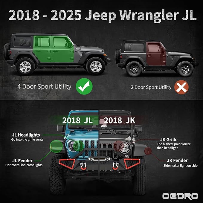 OEDRO All-Steel Build Running Boards Compatible with 2018-2025 Jeep Wrangler JL 4 Door, Bolt-on Side Steps with Leaf Shaped Design, Black Powder Coated Nerf Bar