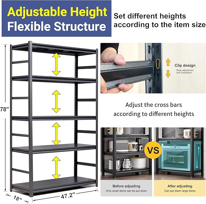 TOPKEY Metal Storage Shelf Garage Storage Shelves, Heavy Duty 5-Tier Utility Shelves for Garage, Kitchen, Warehouse, Adjustable Basement Storage Rack, Load 2500LBS, 78" H x 47.2" W x 18" D