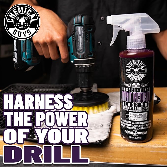 Chemical Guys HOL70016 Heavy Duty Floor Mat Cleaning Kit with Mat Renew Rubber + Vinyl Floor Mat cleaner and Protectant (16 fl oz), Drill Brush Attachment, & Workhorse Towels, 5 Item Kit