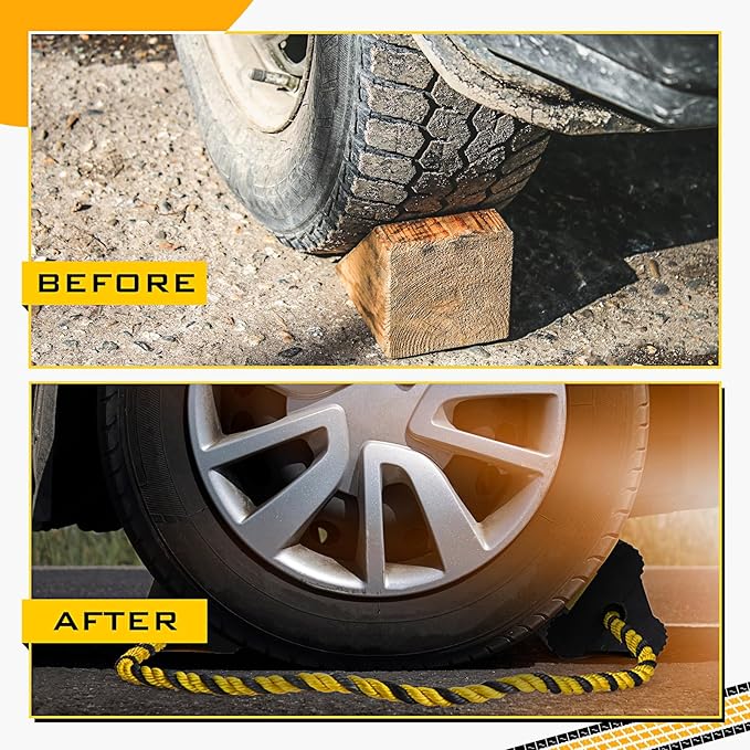 4 Pair Heavy Duty Wheel Chocks for RV Trailer, Rubber Wheel Stoppers, Dual Blocks, Non Slip Tire Chock with Nylon Rope Reflective Tape for RV Camper Travel Trailers Car Truck (Yellow)