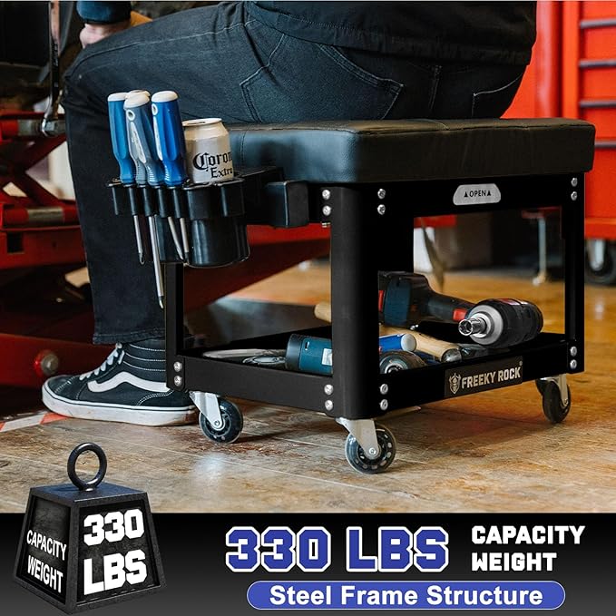 Rolling Mechanic Shop Stool with Wheels, Garage Mechanics Stool with 2 Layer Repair Tools Tray, Padded 360° Swivel Automotive Roller Creeper Seat Shop Chair, Heavy Duty, 330 LBS Capacity, Black