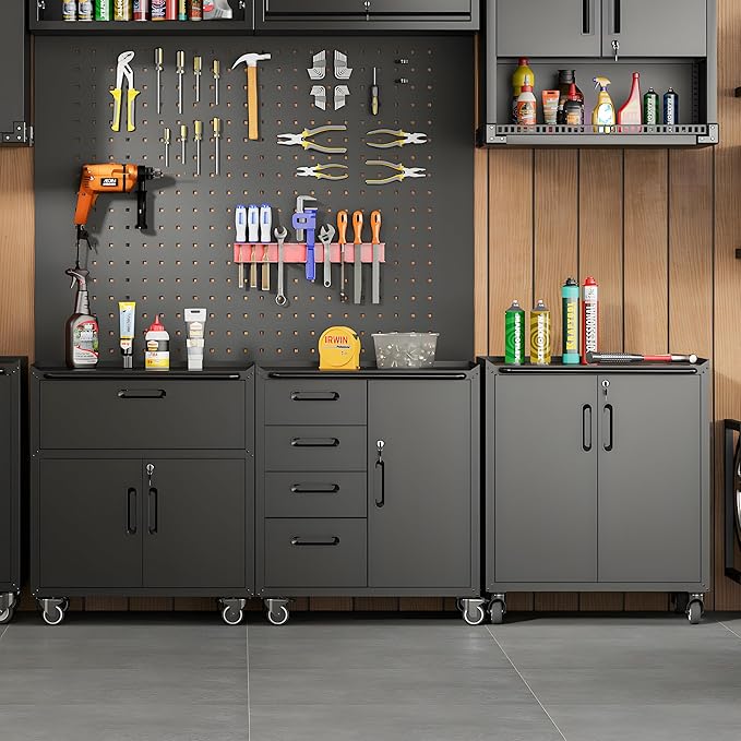Metal Tool Cabinet,Garage Storage Cabinet System,Wall Cabinet & Locking Rolling Tool Cabinet with Doors and Adjustable Shelves,Steel Tool Cabinets for Home,Office (4 Pcs-StyleC, Black)
