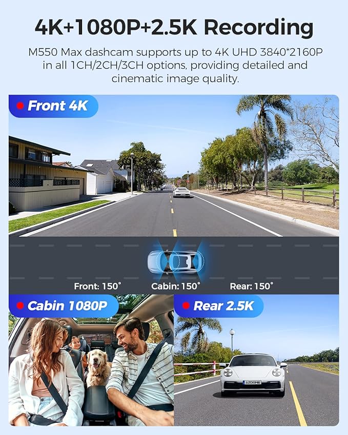 AZDOME M550 Max 4K 3 Channel Dash Cam, Dual STARVIS Sensors, 4K+2.5K+1080P Front and Rear Inside Triple Car Camera, Built-in WiFi GPS, 64GB Card Included, IR Night Vision, WDR, 24H Parking Mode