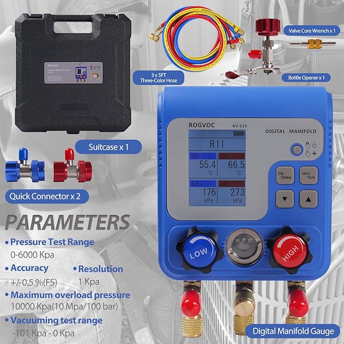 Digital Manifold Gauge Set, HVAC Pressure and Air Tightness Test Gauges, Refrigerant AC Gauges with 3 Hoses, for R22/R410A/R134A Refrigerant Recharge Kit