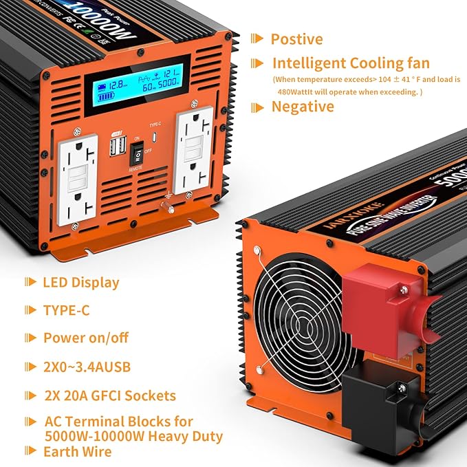 5000W Pure Sine Wave Power Inverter 12V DC to 110V 120V Converter for Family RV Off Grid Solar System Emergency Power Supply, Type-C Port 4 GFCI AC Outlet Dual USB Remote Control and LCD Display