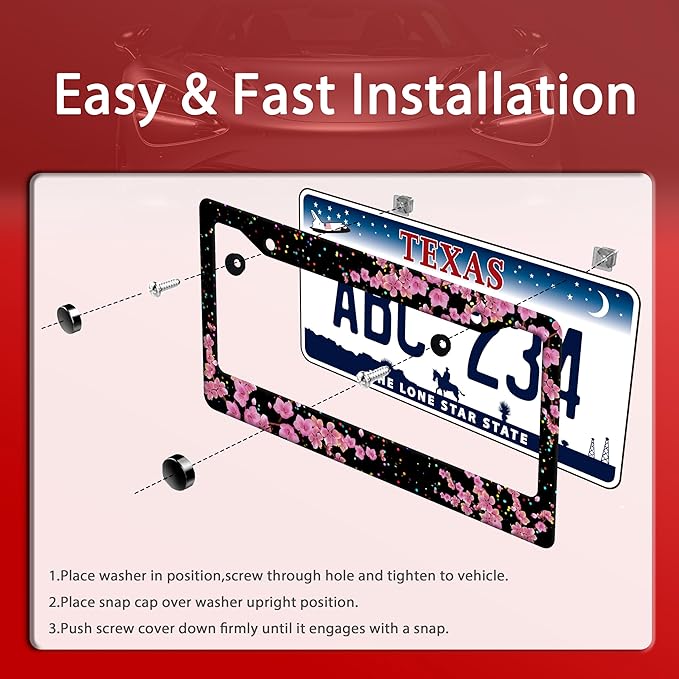 Cherry Blossom License Plate Frame Beautiful Flowers License Plate Frames Stainless Steel Accessories Cars Decor With 2 Holes And Screws Fits Standard Us Ca Vehicles License Plate Holder 12.2 X 6 Inch