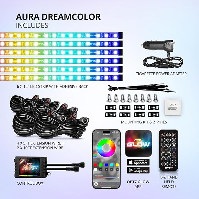 OPT7 Aura DreamColor RGB-IC Car Interior Ambient Light, 6PC Single Row LED Strips, Color Chasing Light Kit w/APP & Remote Control, Universal for Vehicles SUV Truck Pickup Van