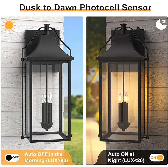 𝟐𝟓-𝐈𝐍𝐂𝐇 Dusk to Dawn Outdoor Wall Light, Large Size Waterproof Patio Lanterns, 3-Light Exterior Wall Mount Lantern Sconce with Glass, Black Wall Sconces for House Garage Front Door