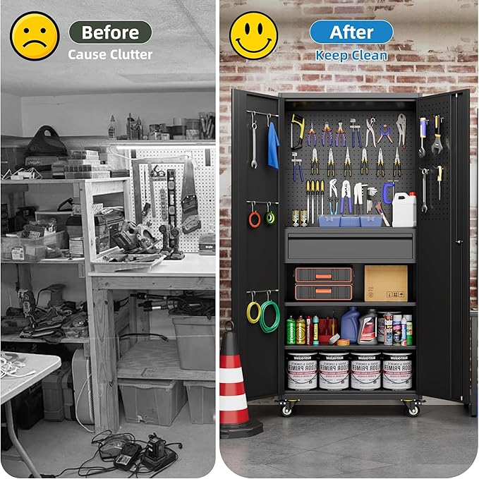 71" H Metal Garage Storage Cabinet with Locking Doors and 2 Adjustable Shelves, Rolling Tool Storage Cabinet with Wheels, Drawer, Pegboard and 16 Hooks for Garage, Warehouse, Black