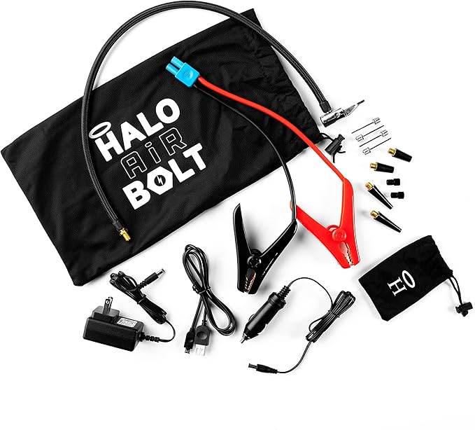 HALO Bolt Air 58830 Portable Car Battery Jump Starter | 100 PSI Air Compressor, 58.8Wh USB Power Bank, Emergency Floodlight & Charger, Jumps Cars SUVs & Trucks, Inflates Tires, TSA Approved — Gray