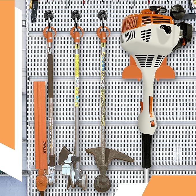 3 Pack Heavy Duty Garage Storage Hooks + 1 Pack Trimmer Rack Compatible with Stihl Kombi Attachments, Garden Power Tool Holder Organizer Hangers for Grass Trimmer, Hedge Trimmer, Garage Wall