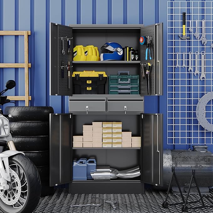 71" Metal Garage Storage Cabinet with 8 Hooks and Pegboards,2 Drawer Tool Storage with Locking Doors and Adjustable Shelves,Heavy Duty Steel Tool Cabinet for Garage, Warehouse