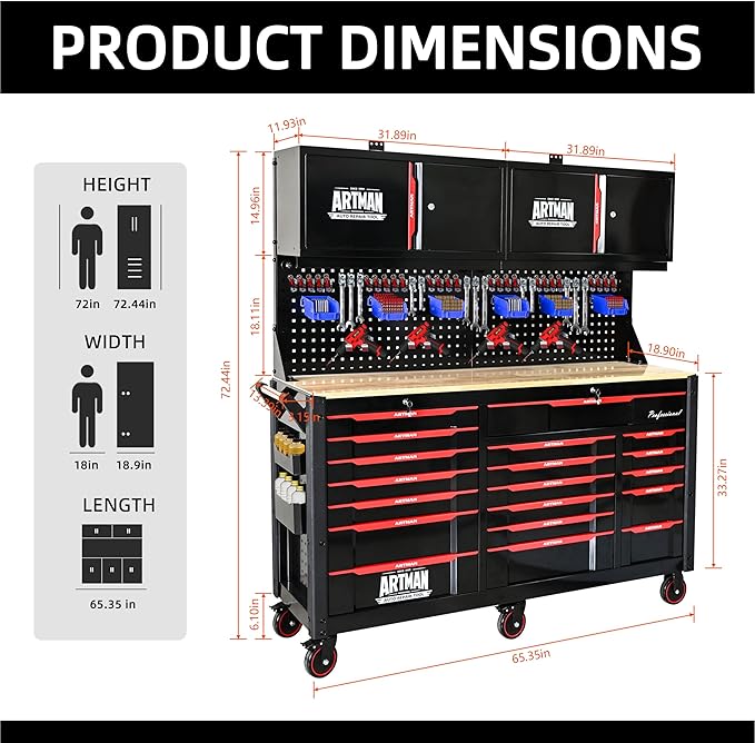 72-Inch Garage Cabinets and Storage System with 19 Drawers Rolling Tool Chest Large Mobile Workbench Heavy Duty Wood Top Tool Cart on Wheels for Garage, Workshop, Warehouse, Laboratory