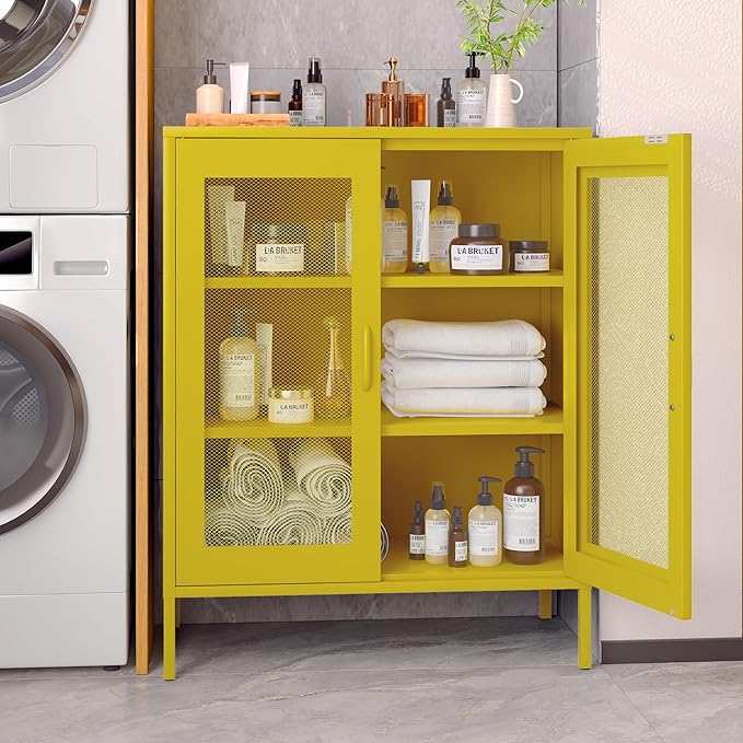 Metal Storage Cabinet with Mesh Doors,Steel Display Cabinet with Adjustable Shelves,Metal Office Storage Locker for Home Office,Garage(Yellow, 40''H)