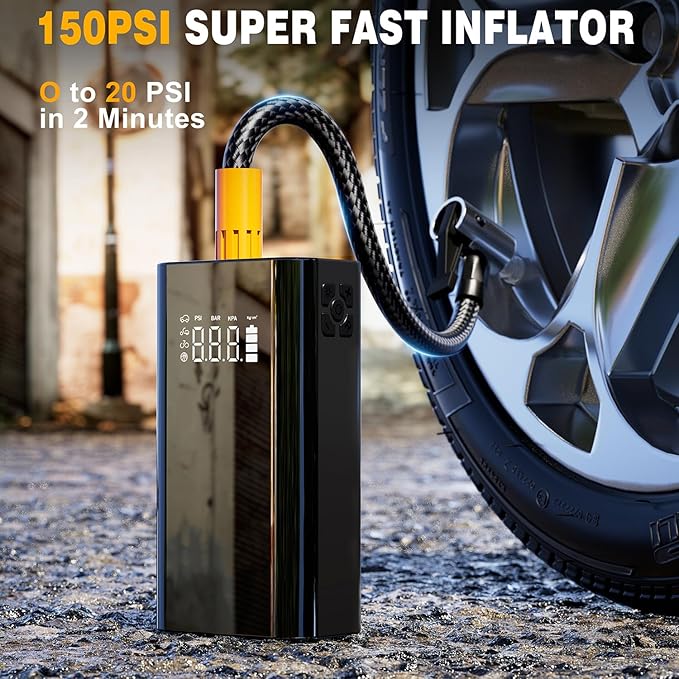 Jump Starter with Air Compressor, 5000A Portable Car Battery Jump Starter (9.0L Gas/7.0L Diesel), 150PSI Tire Inflator 12V Battery Jumper Starter Portable with Jumper Cables, LED Light (Q7-5000A)