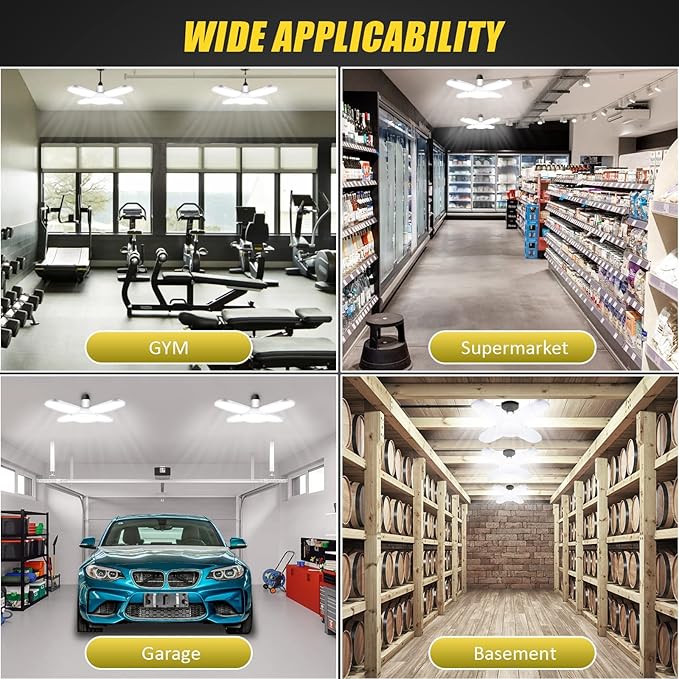 LED Garage Lights 2 Pack, 4 Foot Adjustable Ceiling Light, 6500k 8000LM Deformable E26/E27 Garage Lights for Shop, Basement, Workshop