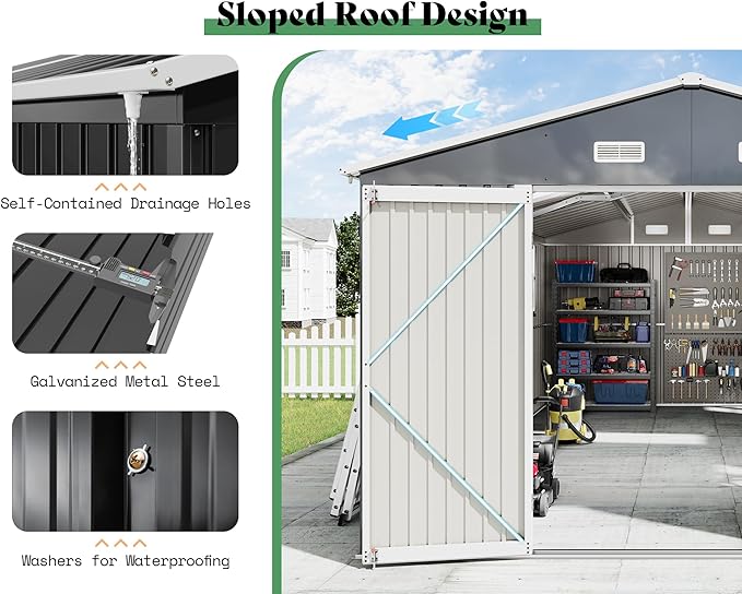 AMERLIFE 10x16.3x7 FT Galvanized Steel Storage Shed with Dual Transparent Panels, 4 4-Pane Windows & Hinged Double Doors, Outdoor Shed for Backyard, Garden, Patio, Dark Grey/White