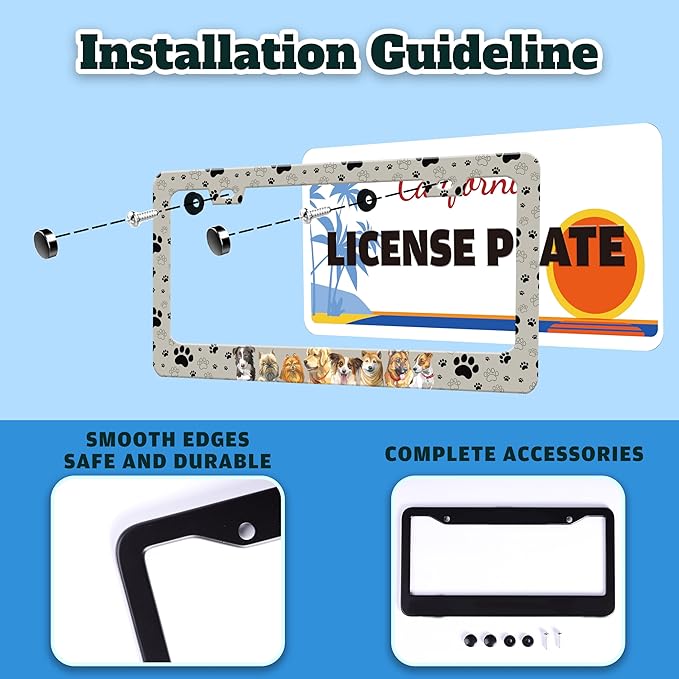 Dog License Plate Frame Pet Paw Prints Stainless Steel License Plate Holder for Front or Rear Car Tags Funny for Car Decoration Accessories with Screws 6.3 X 12.2 in for Women Men