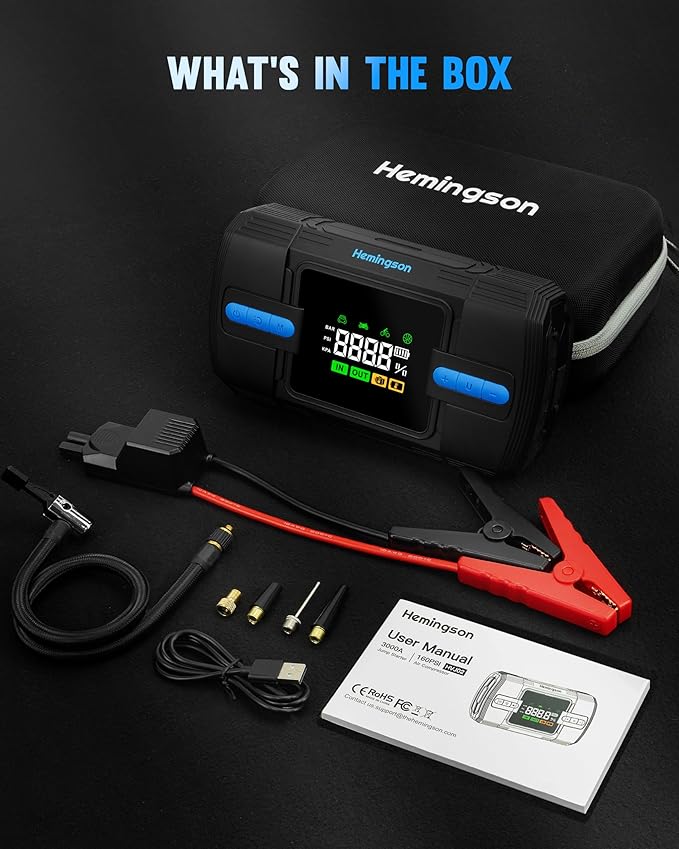 Jump Starter with Air Compressor, 3000A 160PSI Car Battery Jump Starter for 9.0L Gas & 8.0L Diesel Engines, 12V Portable Car Jumper with LCD Display & 4-Mode LED Flashlight