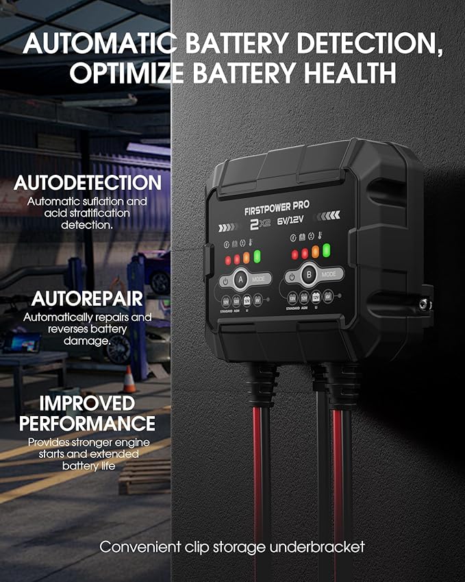 2-Bank, 4A (2A/Bank) Trickle Charger for Car Battery, 12V 6V Car Battery Charger, Automotive Battery Trickle Charger, Battery Maintainer, for Car Motorcycle Lawn Mower AGM, Lithium Batteries