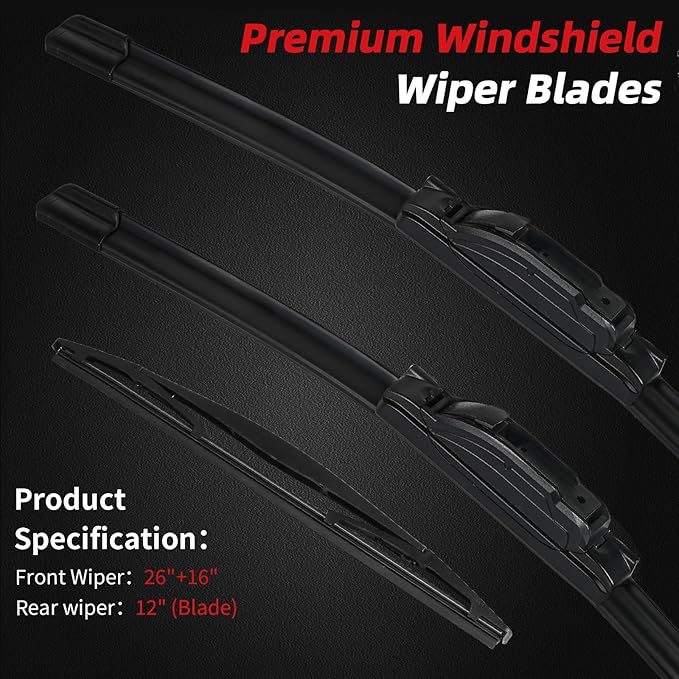 OTUAYAUTO Premium Windshield Wiper Blades - Replacement for Subaru Crosstrek 13-17, Impreza 12-16, Nissan Murano 09-16, All-Weather, Front and Rear Wiper Blades, J/U Hook - 26"+16"+12" (Pack of 3)