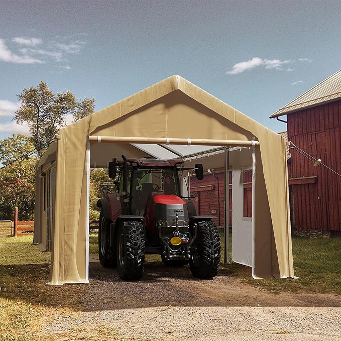 10x20ft Heavy Duty Carport Outdoor Canopy Portable Garage with 4 Doors & 4 Windows Waterproof UV Resistant Storage Shelter with Removable Sidewalls for Car Truck Boat, Earthy Yellow