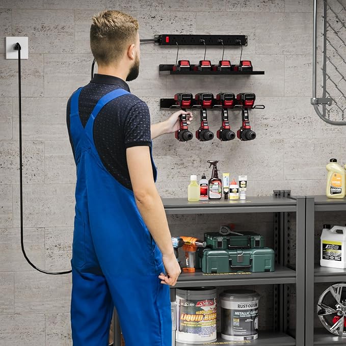 Power Tool Organizer With Charging Station, Wall Mount Drill Holder, Screwdriver and Battery Organizer, Heavy Duty Rack for Garage, Workshop, Tool Room, Workbench