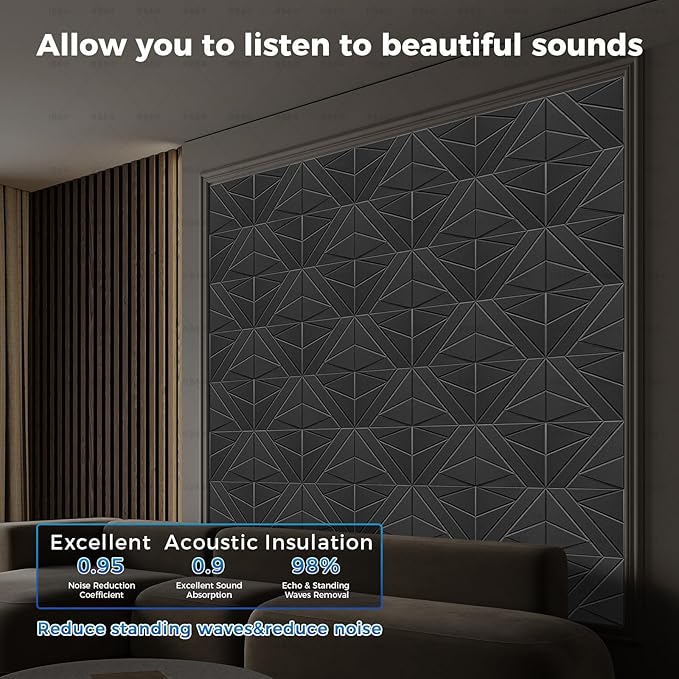 50 Pack Bulk Self-Adhesive Soundproof Wall Panels, 12 x 12 x 0.47 In Sound Proof Foam Panels for Walls, 1.2lb/ft³ High Density, Thicker 0.47in, Acoustic Panels, Duty for Large Walls Black