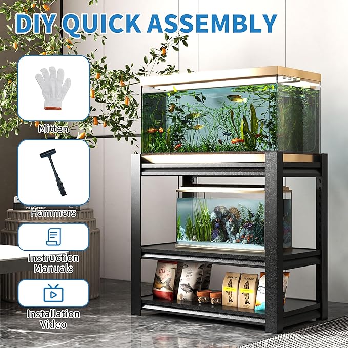 3 Tier Metal Shelving Unit, Aquarium Shelf System, Small Storage Organizer Racks for Basement Garage Laundry Utility Shelving (Black)