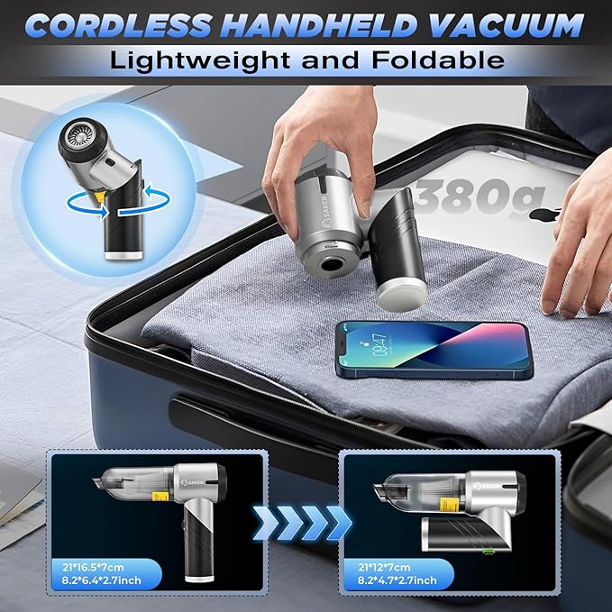 Saker Handheld Car Vacuum Portable Cordless17000PA Mini Vacuums Rechargeable Foldable Vacuum Cleaner with Brushless Motor for Gifts Home,Office Pet HL132 Black