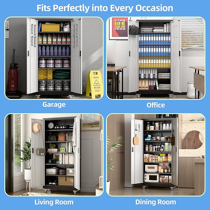 71"H×32"W×16"D Garage Storage Cabinet with Wheels & Pegboard, Locking Metal Storage Cabinet with Doors and 5 Adjustable Shelves & & 4 Hooks for Garage Warehouse Home Office, Black and Silvery