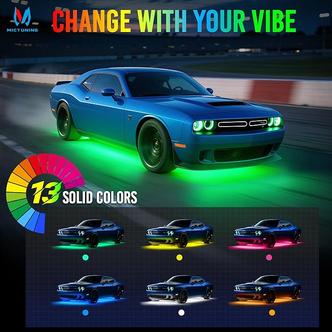 MICTUNING U8 RGB+IC Underglow LED Light Bars (8-Piece Kit) 888 LEDs, Dual Remote Control, Chasing/Fading Modes, IP68 Waterproof Aluminum Housing