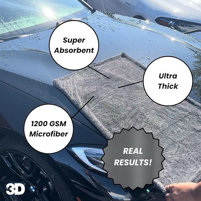 3D Hydro-FIL XL | Professional Grade Microfiber Towel | Extra Large 20” x 31.5” | Highly Absorbent | Premium Drying Cloth for Car Detailing (Grey)