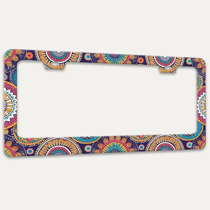 Mandala Flowers License Plate Frame Floral Print License Plate Holders Funny Stainless Steel Auto Accessory Bracket 2 Hole with Screws Universal Us Car License Plate Frames 6x12 Inch for Women Men
