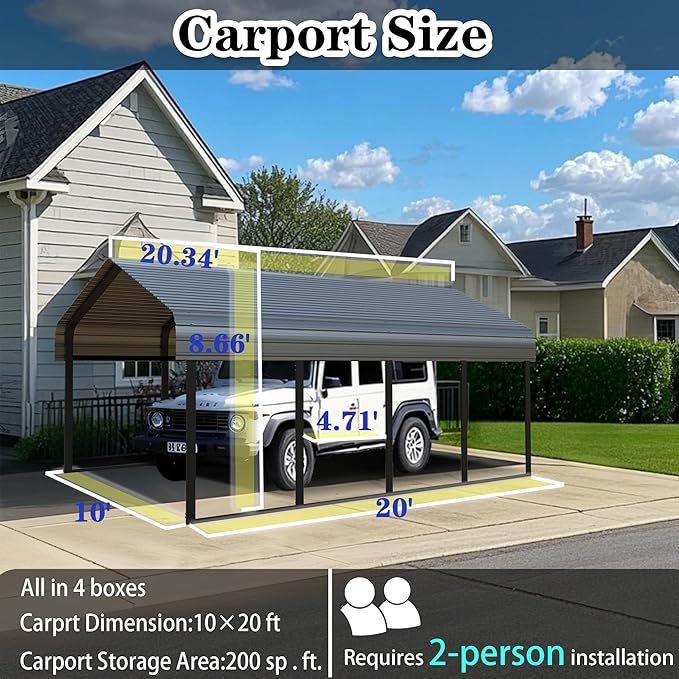 Heavy Duty Metal Carport 20x20 ft Galvanized Steel Carport Shelter for 2 Car Extra Large Canopy for Dual Vehicle, RV Boat Storage All Weather Protection Garage Party Tent (10X20FT)
