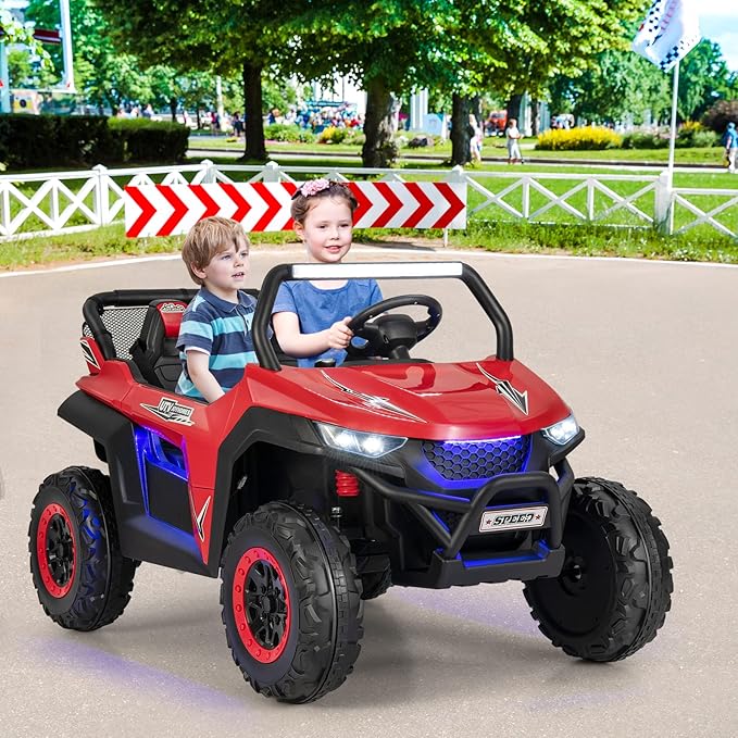 Costzon 2-Seater Ride on Car for Kids, 12V Kids' Electric Vehicles w/Remote Control, 4 Shock Absorbers, Wireless Music & FM, 3 Speeds, Ambiance Lights, Electric Car UTV for Boys Girls (Red)