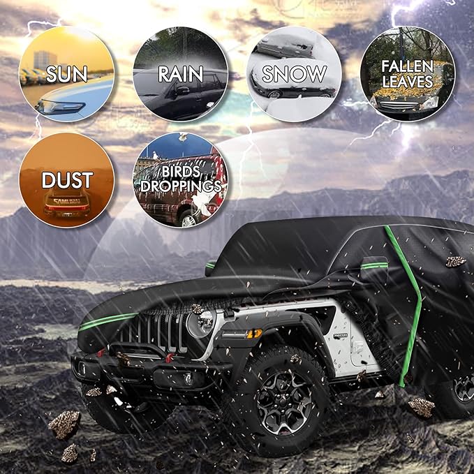 for 1987-2006 Jeep Wrangler 2 Doors 420D Cover Outdoor Waterproof UV Protection, for JK, JL, CJ, YJ, TJ, Full SUV Car Cover with Cotton Layer, 2 Zipper Door, Reflective Strip, Storage Bag
