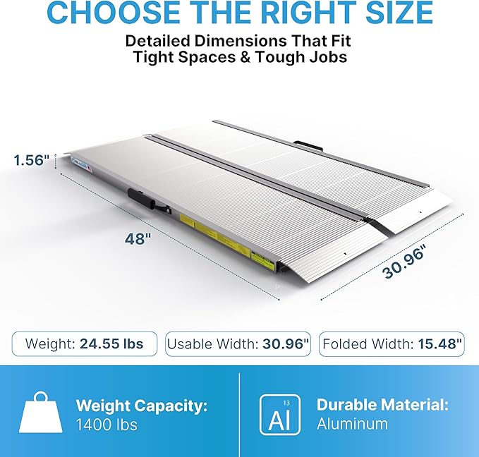 EZ-ACCESS Traverse 4 Foot Durable Aluminum Singlefold Edgeless Curbless Portable Folding Loading Ramp with Carrying Handles, Silver