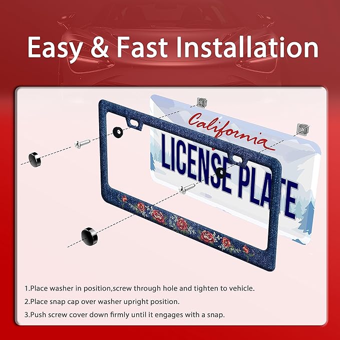 Flower Blue Jean Design License Plate Frame Personalized License Plate Stainless Steel Parts Funny License Plate Decorative with Screws Size 12.3" x 6.3" Men Women