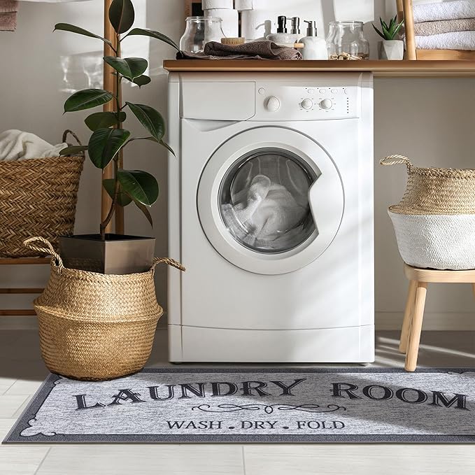 Ottomanson 20" x 59" Laundry Room Rug - Non-Slip Mat for Laundry & Mudroom - Durable, Stain-Resistant, and Easy to Clean - Perfect for High-Traffic Areas - Runner Rug for Entryway Bathroom, Gray